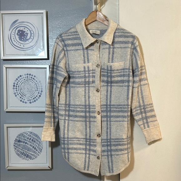 Jessica Simpson Cream Blue Plaid Fuzzy Button-Up Sweater Size S Wool Blend - Picture 1 of 5